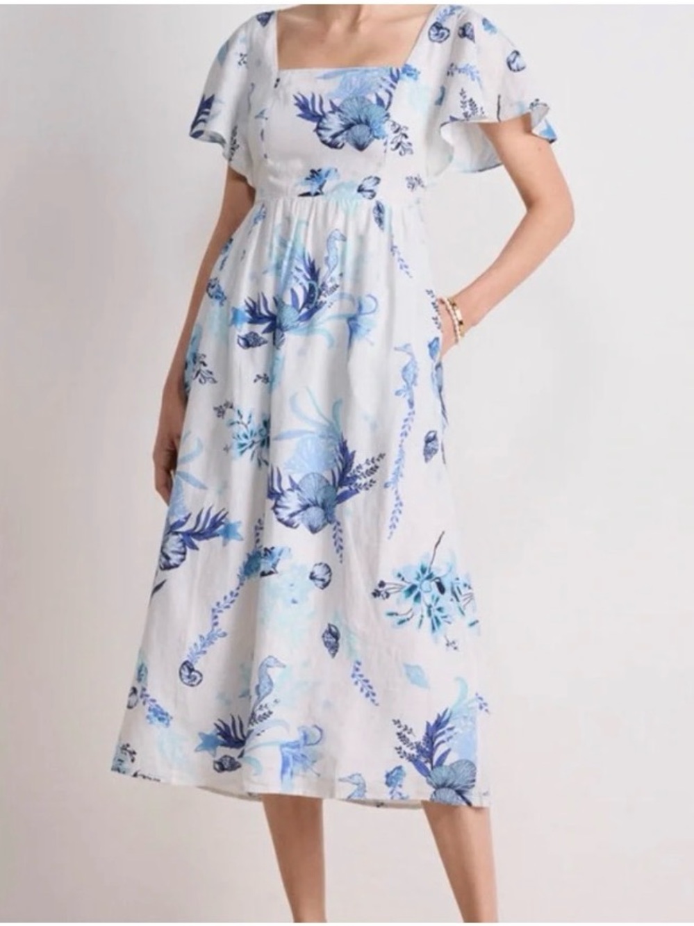 Vineyard Vines Boca Grande Flutter Sleeve Linen Midi Dress in Seashell Motif XS